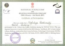 Certificate recieved during the National Science Day cum Regional Innovators Conclave Exhibition